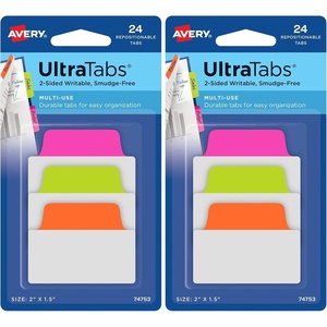 Avery Multiuse Ultra Tabs, 2″ x 1.5″, 2-Side Writable, Red/Blue/Green, 48 Repositionable Tabs (74757)(מגוון צבעי ניאון)