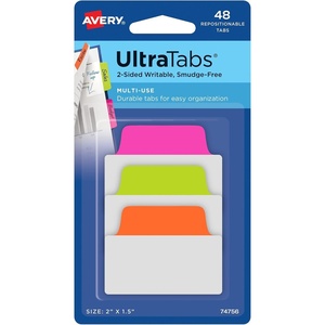 Avery Multiuse Ultra Tabs, 2″ x 1.5″, 2-Side Writable, Red/Blue/Green, 48 Repositionable Tabs (74757)(Assorted Neon)