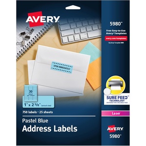 Avery Neon Address Labels with Sure Feed for Laser Printers, 1″ x 2 5/8″, 750 Pastel Blue Labels (5980)(1 in. x 2-5/8 in.)