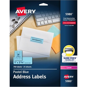Avery Neon Address Labels with Sure Feed for Laser Printers, 1″ x 2 5/8″, 750 Pastel Blue Labels (5980)(1 in. x 2-5/8 in. (Pack of 5))
