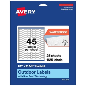 Avery Outdoor Waterproof Barbell Labels with Sure Feed Technology, 0.5″ x 2.5″, White Film, Compatible with Laser Printers, 450 Labels Total, Great for Product Branding, Packaging, and More(1 125 labels)