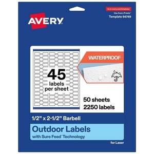 Avery Outdoor Waterproof Barbell Labels with Sure Feed Technology, 0.5″ x 2.5″, White Film, Compatible with Laser Printers, 450 Labels Total, Great for Product Branding, Packaging, and More(2 250 labels)
