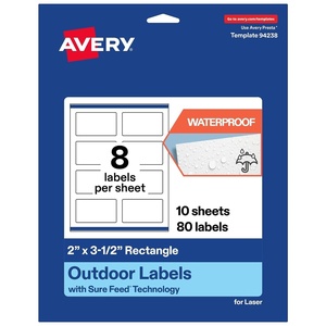 Avery Outdoor Waterproof Rectangle Labels with Sure Feed Technology, 2″ x 3.5″, White Film, Print-to-the-Edge, Compatible with Laser Printers, 800 Labels Total(80 labels)