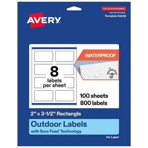 Avery Outdoor Waterproof Rectangle Labels with Sure Feed Technology, 2″ x 3.5″, White Film, Print-to-the-Edge, Compatible with Laser Printers, 800 Labels Total(800 labels)