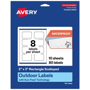 Avery Outdoor Waterproof Rectangle Scalloped Labels with Sure Feed Technology, 2″ x 3″, White Film, Print-to-the-Edge, Compatible with Laser Printers, 80 Labels Total(80 labels)
