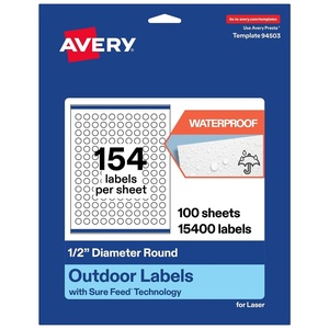 Avery Outdoor Waterproof Round Labels with Sure Feed Technology, 0.5″ Diameter, White Film, Print-to-The-Edge, Compatible with Laser Printers, 3850 Labels Total(15 400 labels)