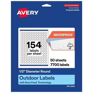 Avery Outdoor Waterproof Round Labels with Sure Feed Technology, 0.5″ Diameter, White Film, Print-to-The-Edge, Compatible with Laser Printers, 3850 Labels Total(7 700 labels)