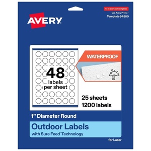 Avery Outdoor Waterproof Round Labels with Sure Feed Technology, 1″ Diameter, White Film, Print-to-The-Edge, Compatible with Laser Printers, 4800 Labels Total(1 200 labels)