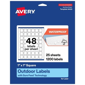 Avery Outdoor Waterproof Square Labels with Sure Feed Technology, 1″ x 1″, White Film, Print-to-the-Edge, Compatible with Laser Printers, 1200 Labels Total(1 200 labels)