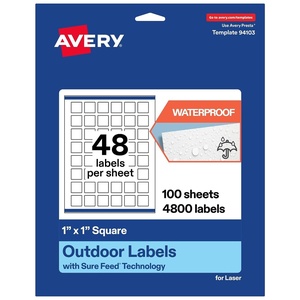 Avery Outdoor Waterproof Square Labels with Sure Feed Technology, 1″ x 1″, White Film, Print-to-the-Edge, Compatible with Laser Printers, 1200 Labels Total(4 800 labels)