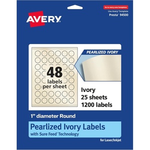Avery Pearlized Ivory Round Labels, Sure Feed Technology, Print-to-The-Edge, 1″ Diameter, 480 Pearlized Ivory Labels, Laser/Inkjet Printable(1 200 labels)