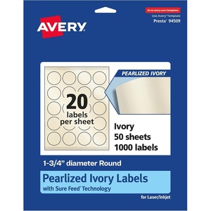 Avery Pearlized Ivory Round Labels, Sure Feed Technology, Print-to-The-Edge, 1.75″ Diameter, 200 Pearlized Ivory Labels, Laser/Inkjet Printable(1 000 labels)