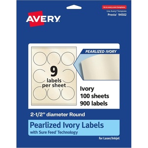 Avery Pearlized Ivory Round Labels, Sure Feed Technology, Print-to-The-Edge, 2.5″ Diameter, 90 Pearlized Ivory Labels, Laser/Inkjet Printable(900 labels)