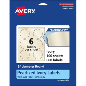 Avery Pearlized Ivory Round Labels, Sure Feed Technology, Print-to-The-Edge, 3″ Diameter, 60 Pearlized Ivory Labels, Laser/Inkjet Printable(600 labels)