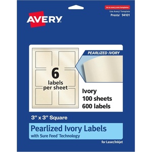 Avery Pearlized Ivory Square Labels, Sure Feed Technology, Print-To-The-Edge, 3″ x 3″, 60 Pearlized Ivory Labels, Laser/Inkjet Printable(600 labels)