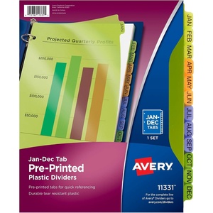 Avery Pre-Printed Jan-Dec Plastic Dividers for 3 Ring Binders, 12-Tab Set, Multicolor, 1 Set (11331)(Binder Divider)