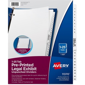 Avery Premium Collated Legal Exhibit Binder Dividers with Tabs, 1-25 and Table of Contents, 8.5 x 11 Inches, Binder Divider with Tabs, Avery Style (11370)(One Size (Pack of 12))