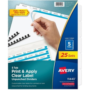 Avery Print & Apply Clear Label Unpunched Dividers, Index Maker Easy Apply Printable Label Strip, 5 White Tabs, 25 Sets, Case Pack of 6 (11433)(150 Sets)