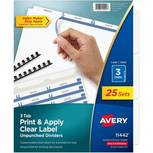 Avery Print & Apply Clear Label Unpunched Dividers, Index Maker Easy Apply Printable Label Strip, 5 White Tabs, 25 Sets, Case Pack of 6 (11433)(25 Sets)