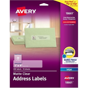 Avery Printable Address Labels, Sure Feed Technology, 1″ x 4″, Matte Clear, 200 Blank Mailing Labels (18661)(Each)