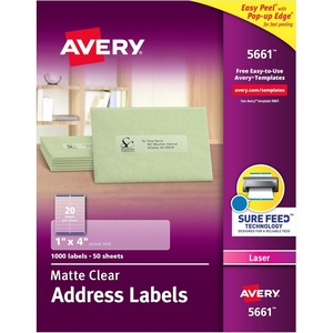 Avery Printable Address Labels with Sure Feed, 1″ x 4″, Matte Clear, 1,000 Blank Mailing Labels (05661)(One Size)