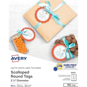 Avery Printable Blank Scallop Round Gift Tags with Sure Feed, 2.5″ Diameter, Textured White, 90 Customizable Tags (80511)(90 Tags (Pack of 5))
