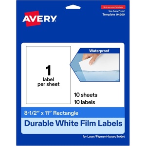 Avery Printable Durable White Rectangle Labels, 8.5″ x 11″, Waterproof Labels, Laser & Pigment-Based Inkjet Compatible, 10 Total, Great for Product Branding, Marketing, and More