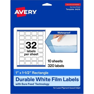 Avery Printable Durable White Rectangle Labels, Sure Feed Technology, 1″ x 1.5″, Print-to-the-Edge, Waterproof Labels, Laser & Pigment-Based Inkjet Compatible, 320 Total(320 labels)