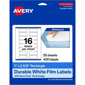 Avery Printable Durable White Rectangle Labels, Sure Feed Technology, 1″ x 2-5/8″, Print-to-the-Edge, Waterproof Labels, Laser & Pigment-Based Inkjet Compatible, 160 Total(400 labels)