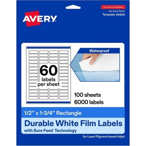 Avery Printable Durable White Rectangle Labels, Sure Feed Technology, 1/2″ x 1.75″, Print-to-the-Edge, Waterproof Labels, Laser & Pigment-Based Inkjet Compatible, 600 Total(6 000 labels)