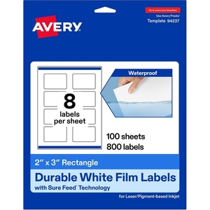 Avery Printable Durable White Rectangle Labels, Sure Feed Technology, 2″ x 3″, Print-to-the-Edge, Waterproof Labels, Laser & Pigment-Based Inkjet Compatible, 80 Total(800 labels)