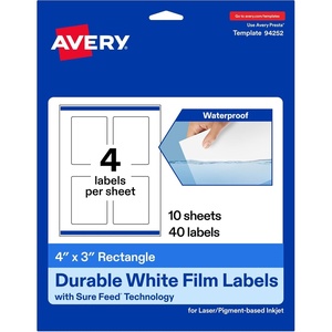 Avery Printable Durable White Rectangle Labels, Sure Feed Technology, 4″ x 3″, Print-to-the-Edge, Waterproof Labels, Laser & Pigment-Based Inkjet Compatible, 100 Total(40 labels)