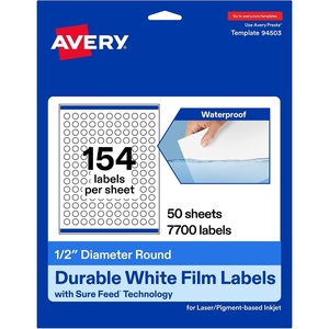 Avery Printable Durable White Round Labels, Sure Feed Technology, 0.5″ Diameter, Print-to-the-Edge, Waterproof Labels, Laser & Pigment-Based Inkjet Compatible, 1540 Total(7 700 labels)