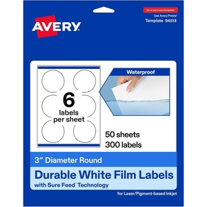 Avery Printable Durable White Round Labels, Sure Feed Technology, 3″ Diameter, Print-to-the-Edge, Waterproof Labels, Laser & Pigment-Based Inkjet Compatible, 150 Total(300 labels)