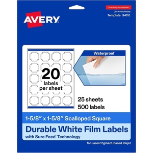 Avery Printable Durable White Square Scalloped Labels, Sure Feed Technology, 1-5/8″ x 1-5/8″, Print-to-the-Edge, Waterproof Labels, Laser & Pigment-Based Inkjet Compatible, 200 Total(500 labels)