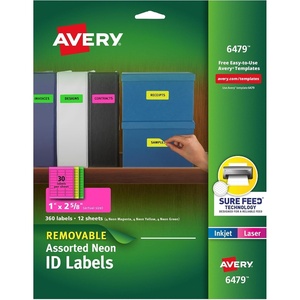 Avery Printable Labels, Sure Feed Technology, 1″ x 2-5/8″, Assorted Neon Colors (Green, Magenta, and Yellow), Removable Adhesive, Laser & Inkjet Compatible, 360 Blank Labels Total (6479)(1″H x 2 5/8″W (Pack of 5))