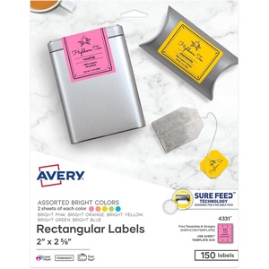 Avery Printable Labels, Sure Feed Technology, 2″ x 2-5/8″, Assorted Bright Colors (Pink, Blue, Green, Yellow, and Orange), Laser & Inkjet Compatible, 150 Blank Labels Total (4331)(2 x 2-5/8 (Pack of 6))