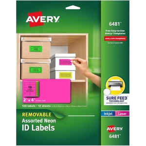 Avery Printable Labels with Sure Feed, 2″ x 4″, Assorted Neon Colors (Green, Magenta, and Yellow), Removable Adhesive, Laser & Inkjet Compatible, 120 Blank Labels Total (6481)(Assorted)