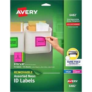 Avery Printable Labels with Sure Feed, 3-1/3″ x 4″, Assorted Neon Colors (Green, Magenta, and Yellow), Removable Adhesive, Laser & Inkjet Compatible, 72 Blank Labels Total (6482)(3 1/3″ x 4″)