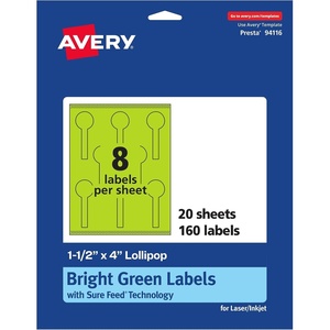 Avery Printable Lollipop Labels, Sure Feed Technology, 1-1/2″ x 4″, Bright Green Labels, Print-to-The-Edge, Laser/Inkjet Printable, 80 Total, Great for Jars and Baking Seal Stickers(160 labels)