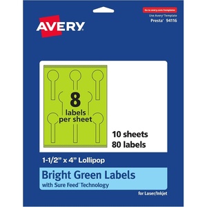 Avery Printable Lollipop Labels, Sure Feed Technology, 1-1/2″ x 4″, Bright Green Labels, Print-to-The-Edge, Laser/Inkjet Printable, 80 Total, Great for Jars and Baking Seal Stickers(80 labels)