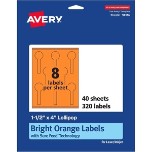Avery Printable Lollipop Labels, Sure Feed Technology, 1-1/2″ x 4″, Bright Orange Labels, Print-to-The-Edge, Laser/Inkjet Printable, 80 Total, Great for Jars and Baking Seal Stickers(320 labels)