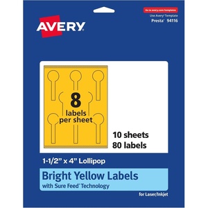 Avery Printable Lollipop Labels, Sure Feed Technology, 1-1/2″ x 4″, Bright Yellow Labels, Print-to-The-Edge, Laser/Inkjet Printable, 160 Total, Great for Jars and Baking Seal Stickers(80 labels)