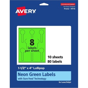 Avery Printable Lollipop Labels, Sure Feed Technology, 1-1/2″ x 4″, Neon Green Labels, Print-to-The-Edge, Laser/Inkjet Printable, 320 Total, Great for Jars and Baking Seal Stickers(80 labels)