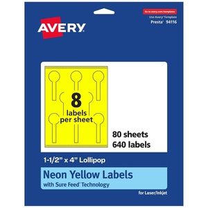 Avery Printable Lollipop Labels, Sure Feed Technology, 1-1/2″ x 4″, Neon Yellow Labels, Print-to-The-Edge, Laser/Inkjet Printable, 160 Total, Great for Jars and Baking Seal Stickers(640 labels)