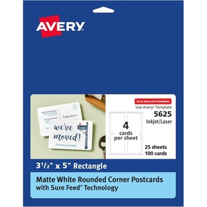 Avery Printable Postcards with Sure Feed Technology, 4″ x 6″, White, 100 Blank Postcards for Laser Printers (5389)(Matte White  Rounded Corners)