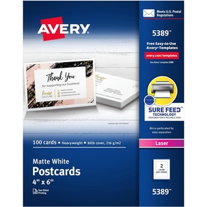 Avery Printable Postcards with Sure Feed Technology, 4″ x 6″, White, 100 Blank Postcards for Laser Printers (5389)(White)