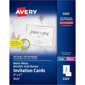 Avery Printable Rectangle Cards, Sure Feed Technology, 5″ x 7″, Matte White Cardstock, Laser/Inkjet Printable, 100 Total, Great for Invitations and Thank You Messages(Gold Border/Envelopes)