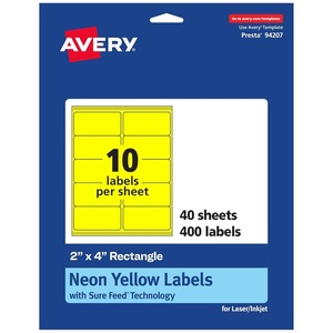 Avery Printable Rectangle Labels, Sure Feed Technology, 2″ x 4″, Neon Yellow Labels, Laser/Inkjet Printable, 100 Total, Great for Mailing and Candles(400 labels)