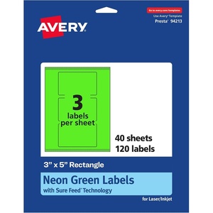 Avery Printable Rectangle Labels, Sure Feed Technology, 3″ x 5″, Neon Green Labels, Print-to-The-Edge, Laser/Inkjet Printable, 30 Total, Great for Shipping and Packaging(120 labels)